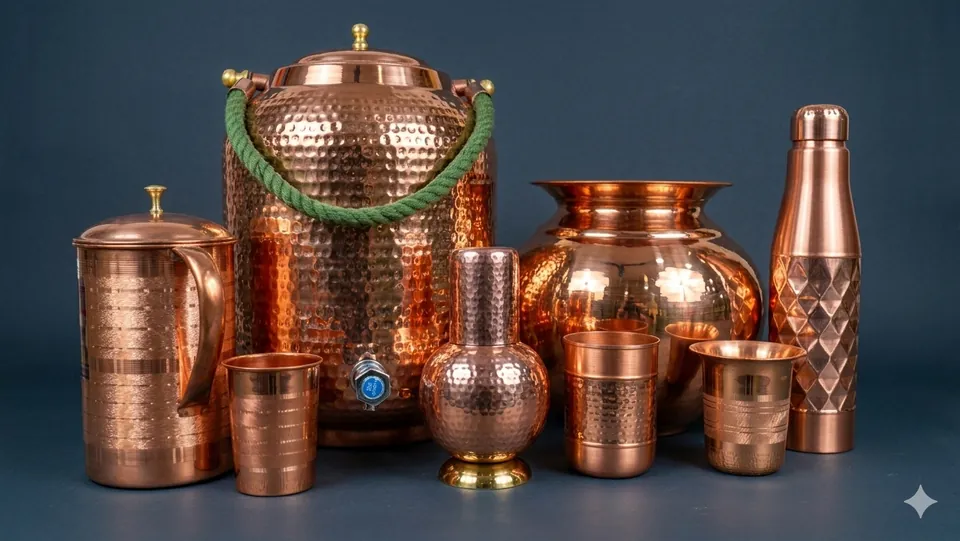 Hammered copper water dispenser, surahi and tumblers from the copper collection at Ramachandhraa Stores